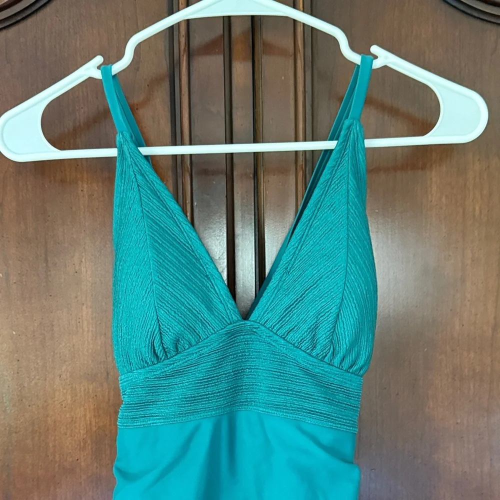 Kona Sol Teal One Piece Swimsuit Plunge V Neck Ruched Medium Coverage